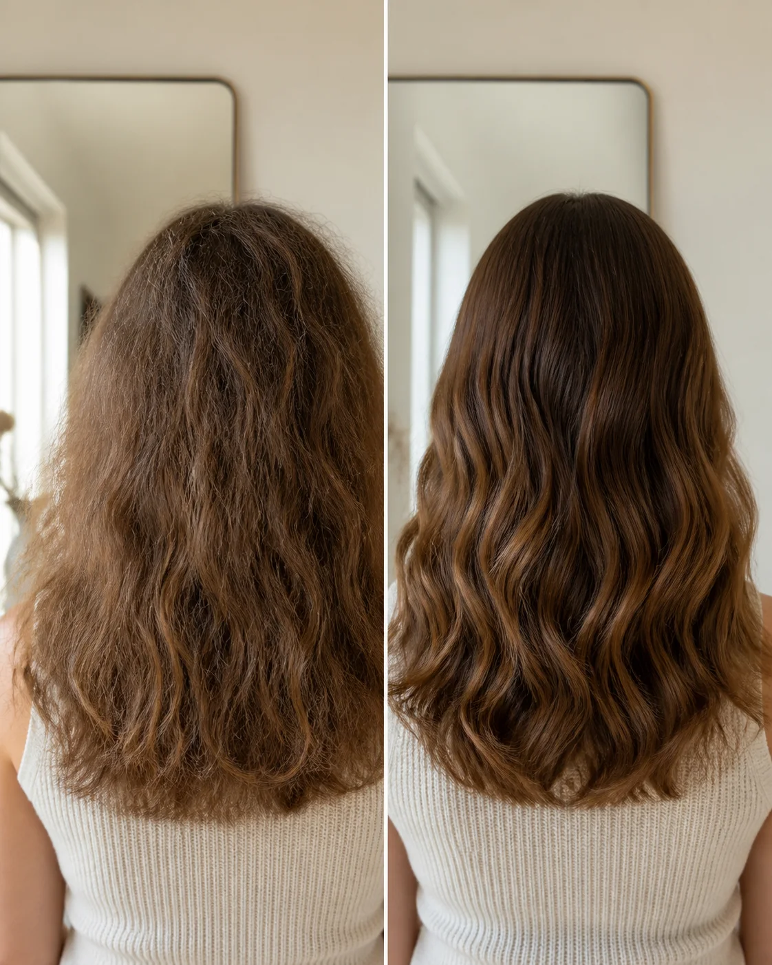 Antes e depois ilustrativo de cabelo ondulado com frizz e depois mais alinhado