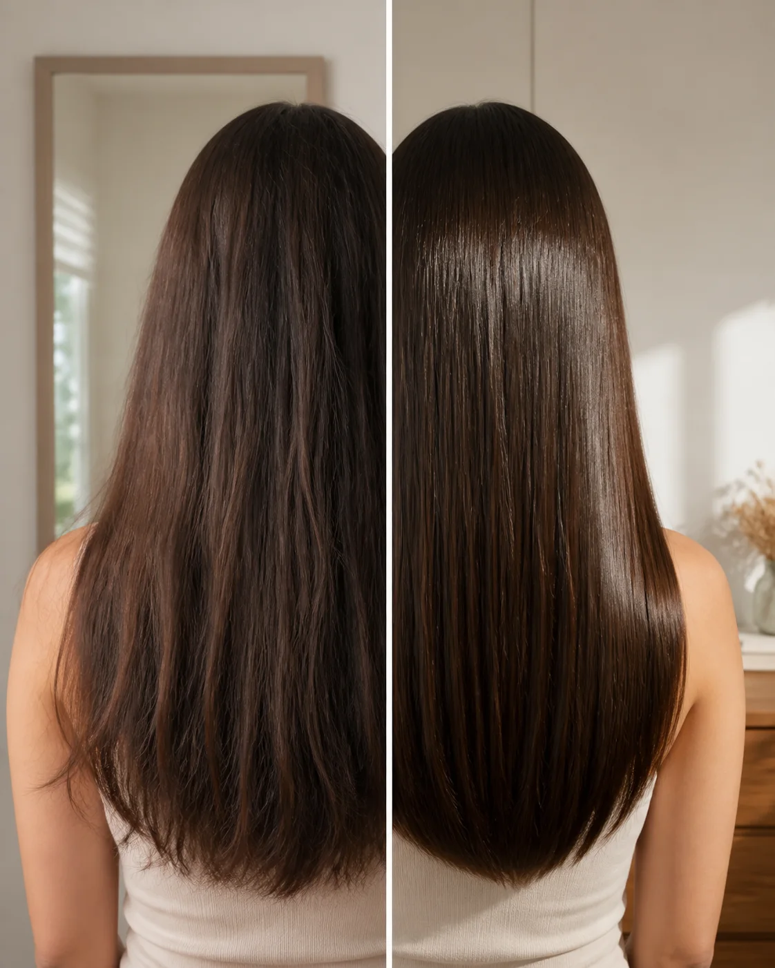 Antes e depois ilustrativo de cabelo opaco e depois com brilho visível